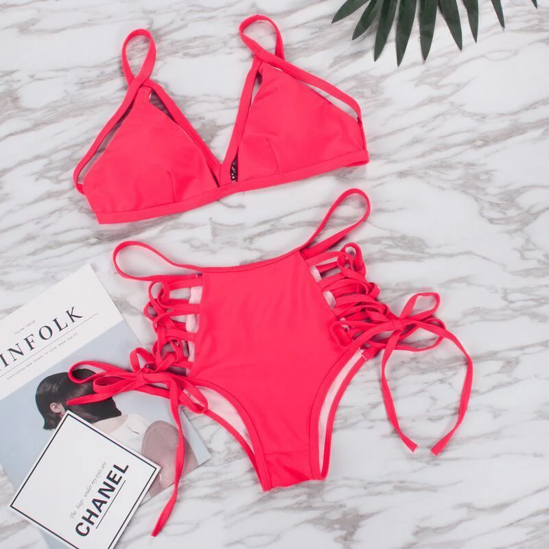 Sexy Womens Padded Triangle Bra lace up Bikini Set Bandage High Wasit Buttons Beach Swimsuit Bathing Suit Swimwear Beachwear | Женская