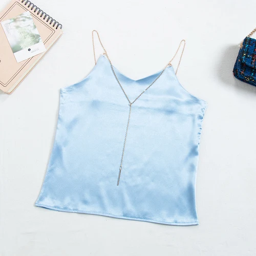 light Blue Новинка, Летняя Сексуальная атласная майка из вискозы, модная женская майка с v-образным вырезом и металлической цепочкой, универсальная базовая тонкая майка с открытой спиной Mw664 - Цвет: light Blue