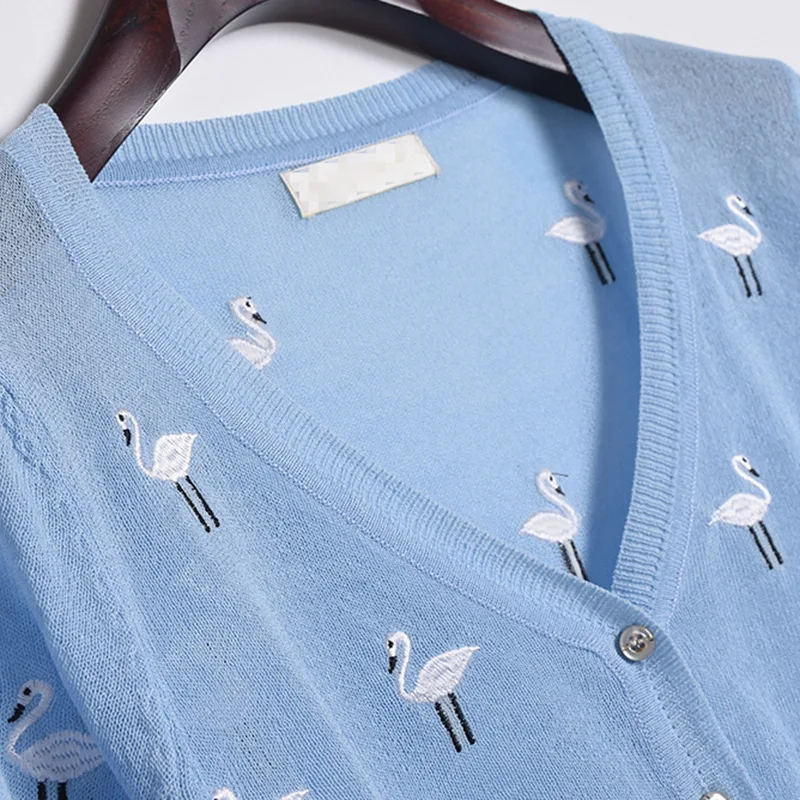 Тонкий женский кардиган с лебедями из ледяного шелка вязаный свитер Женский v