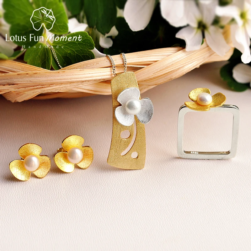 Lotus Fun Moment реального 925 пробы серебра, натурального жемчуга ручной работы Модные украшения площадь свежий клевер Цветочные украшения комплект Bijoux