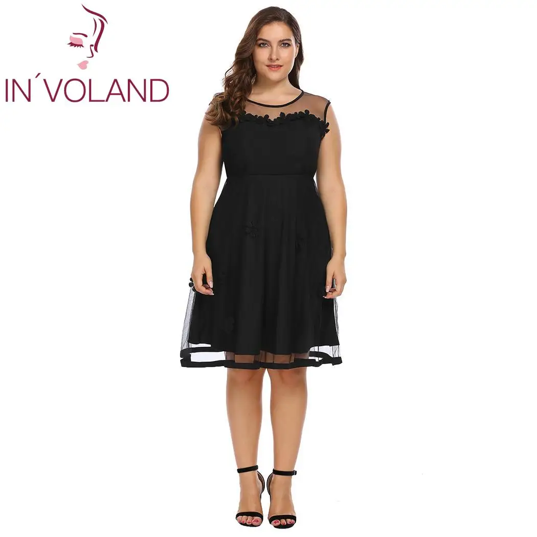 Black IN'VOLAND размера плюс L-4XL, женское платье, элегантное, без рукавов, Сетчатое, в стиле пэчворк, с цветами, подходит и расклешенное, Платья для вечеринок, большие размеры - Цвет: Black