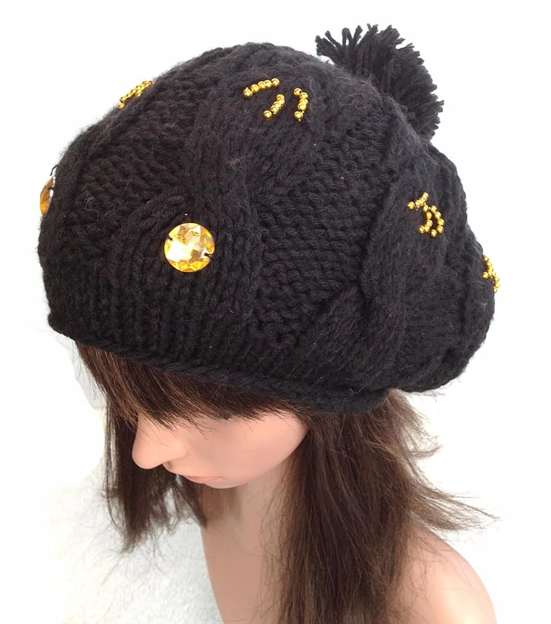 BomHCS 100% ручная работа вязаная шапка бини новая ringstone Бриллиантовая Черная Женская