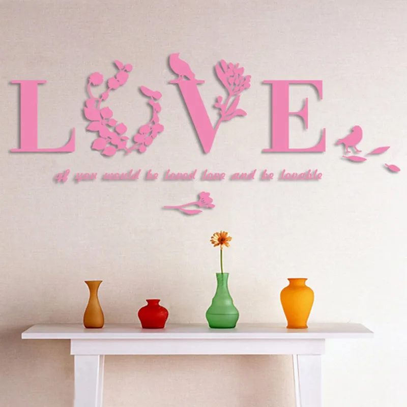 pink DIY 3D лист любовь стильная настенная декоративная виниловая наклейка наклейки акриловые зеркальные Декор Спальня Гостиная Декор снимающиеся наклейки - Цвет: pink