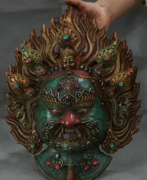 Тибет с драгоценным камнем бирюза Gilt Mahakala гнев головы божества ящерица маска
