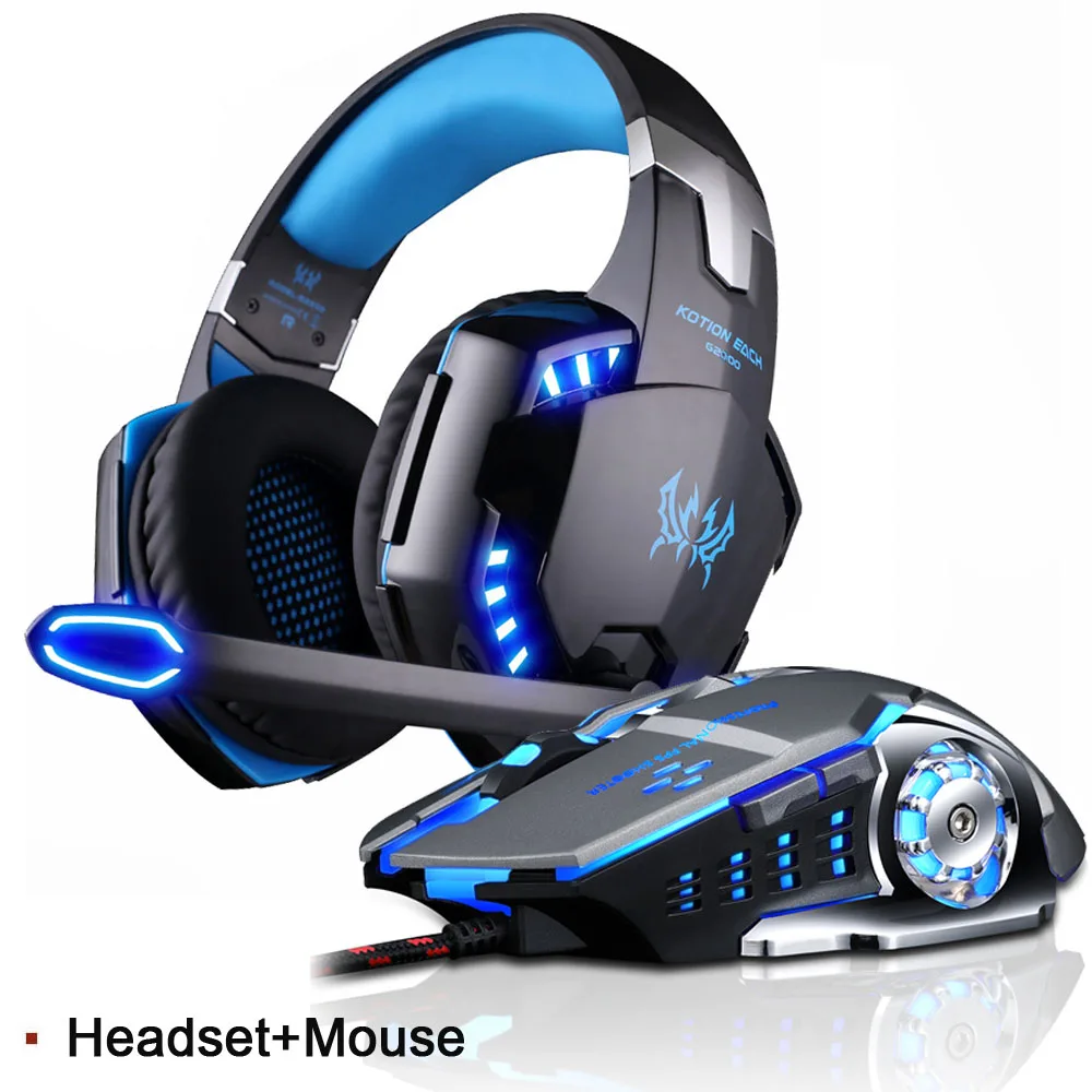 Headset and Mice KOTION каждая игровая гарнитура глубокий бас стерео игровые наушники с микрофоном светодиодный светильник для PS4 ПК ноутбук+ игровая мышь+ коврик для мыши - Цвет: Headset and Mice
