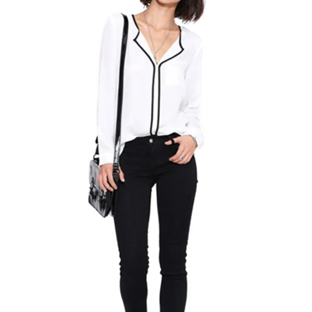 Мода 2016 Женская Повседневная Свободная белая шифоновая блузка с длинным рукавом