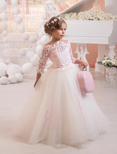 

Платье для причастия с рукавом три четверти 2021, кружевное бальное платье, платья для девочек с цветами для свадеб, винтажные Детские платья ...