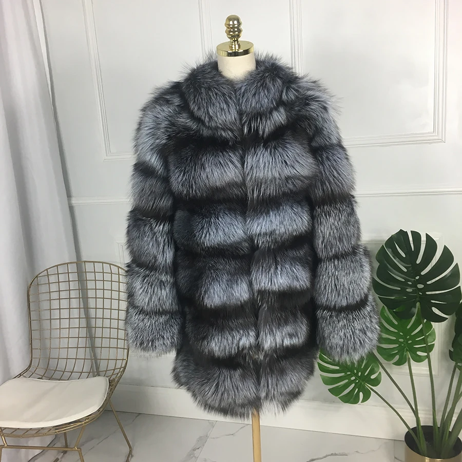 

Luxury winter thick warm sliver fox fur coat Medium long Winter Fur Jacket Genuine Fox Fur jacket standing collar