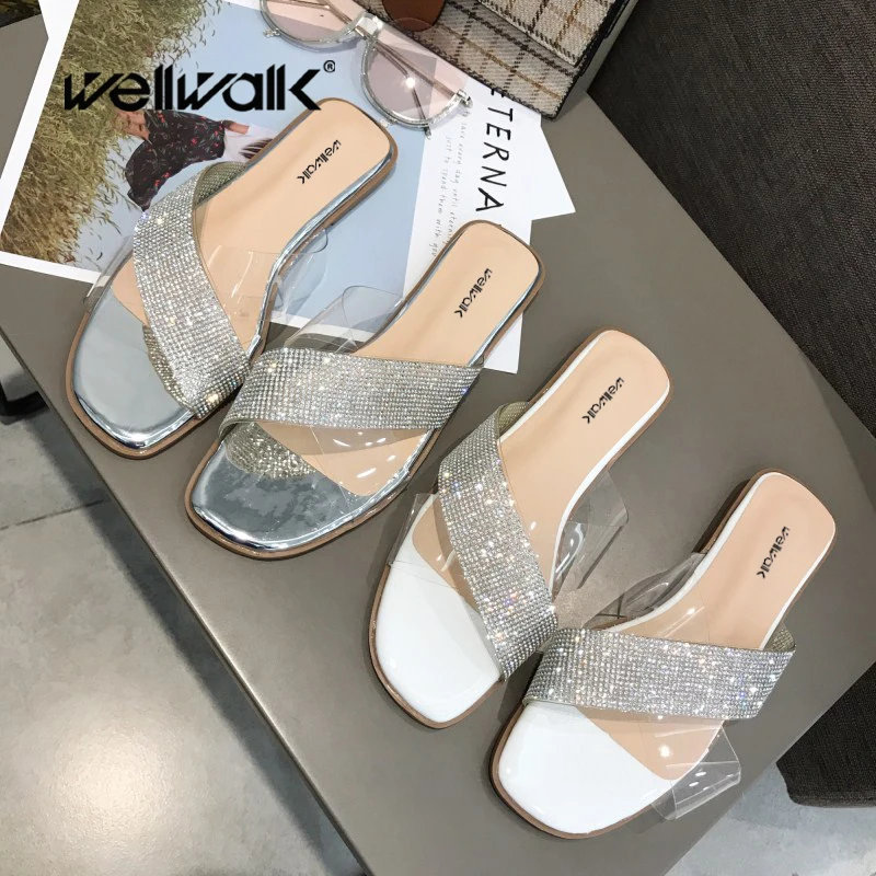 Wellwalk/женские шлепанцы с кристаллами женские Ползунки прозрачные туфли