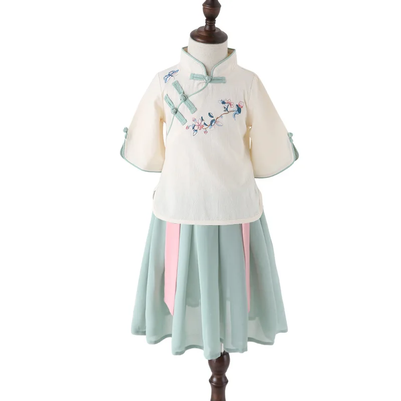 Одежда для девочек Hanfu/Детское платье в стиле Тан для маленьких девочек Cheongsam/Летняя одежда для девочек, комплект из 2 предметов, рубашка+ платье принцессы
