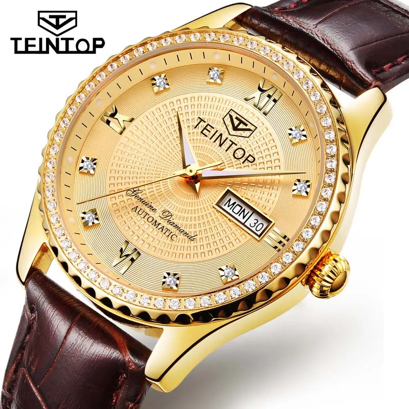 TEINTOP модные автоматические женские часы, золотые полностью стальные механические часы с бриллиантами, женское платье, relojes femeninos - Цвет: Brown Gold Men