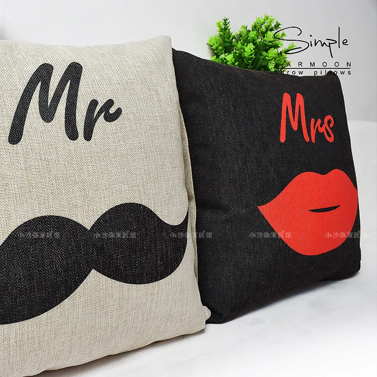 Наволочка для подушки Mr Mrs льняные усы губы поцелуй пара черные белые красные