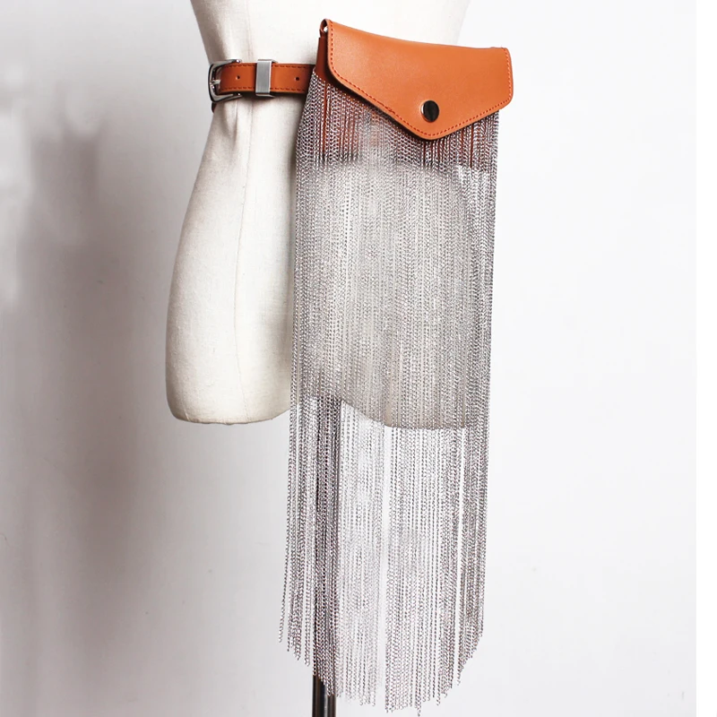 Женский кожаный ремень с серебряной цепочкой винтажный пояс кисточками