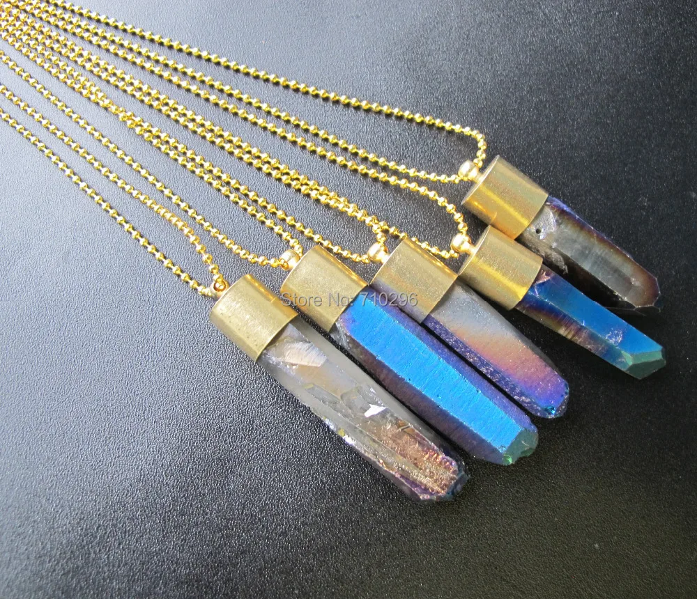 New arrived~Titnium Blue Quartz Point Necklace With gold chain 18