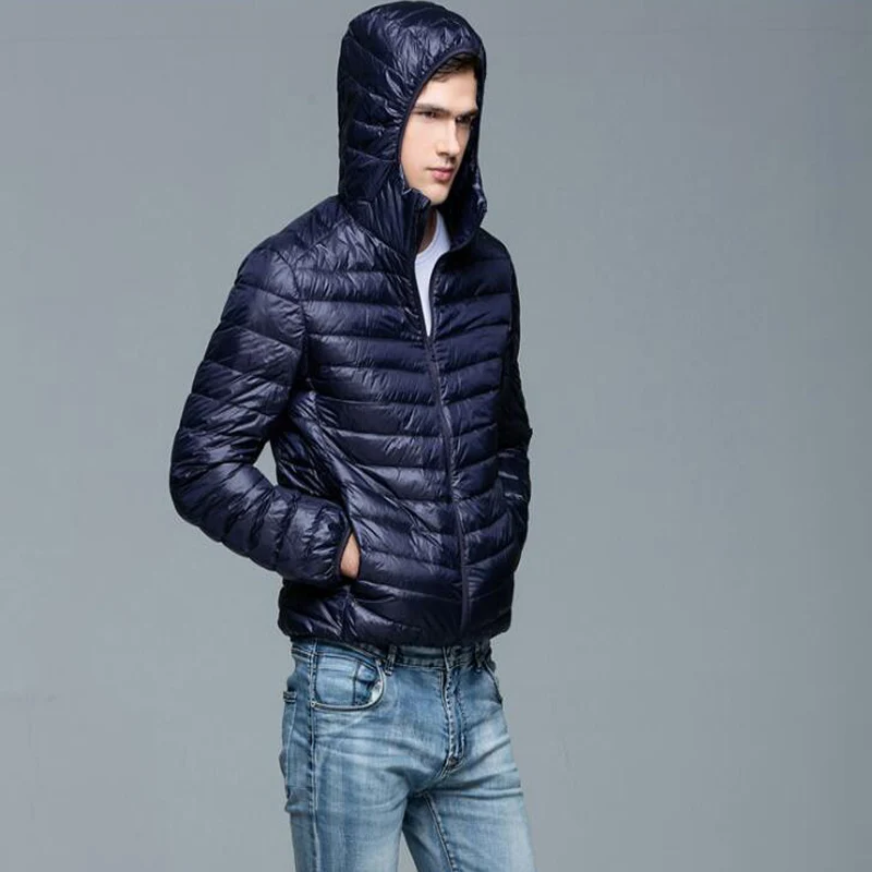 

Spring and Autumn New Boutique Duck Feather Fashion Solid Color Slim Casual Mens Down Jackets Male Thin Hooded Coat