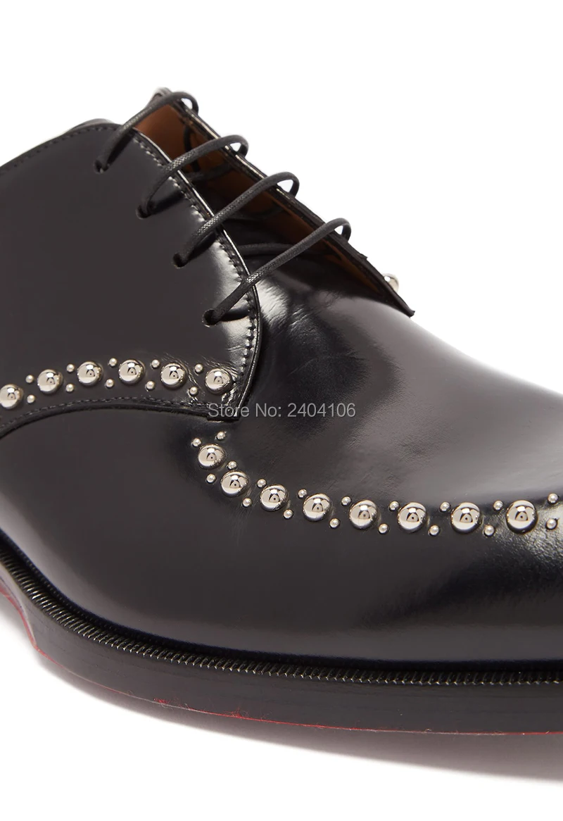Drop Ship Shiny Sold Leather Silver Stone Studded Oxfords Business Dress Formal Shoes Cross-tied Lace-up Black Rivets Men | Обувь