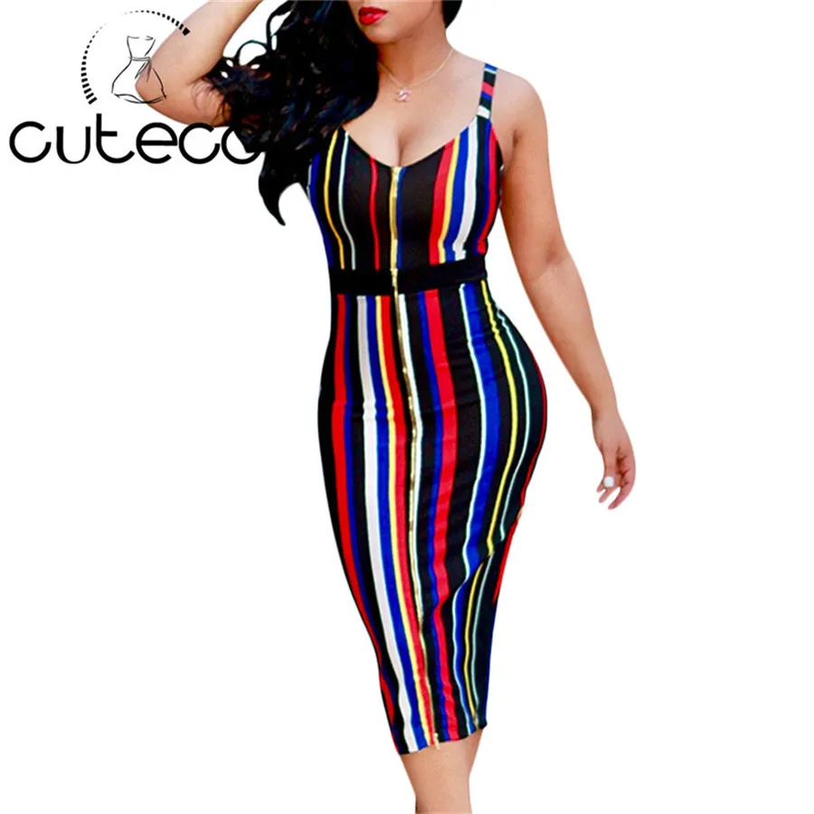 Летние глубокий v образным вырезом Спагетти ремень женское платье Bodycon полосатый