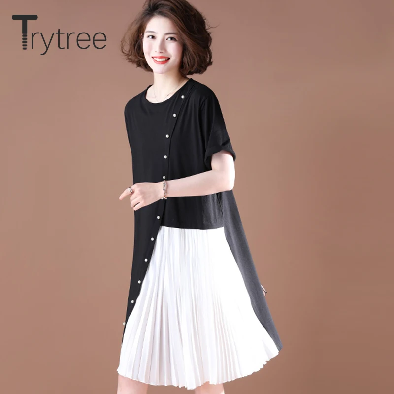 Женское платье-футболка Trytree черное Повседневное платье до колена с о-вырезом и