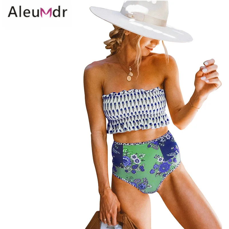 Aleumdr купальник из двух частей белый с высокой талией принтом бикини буфами