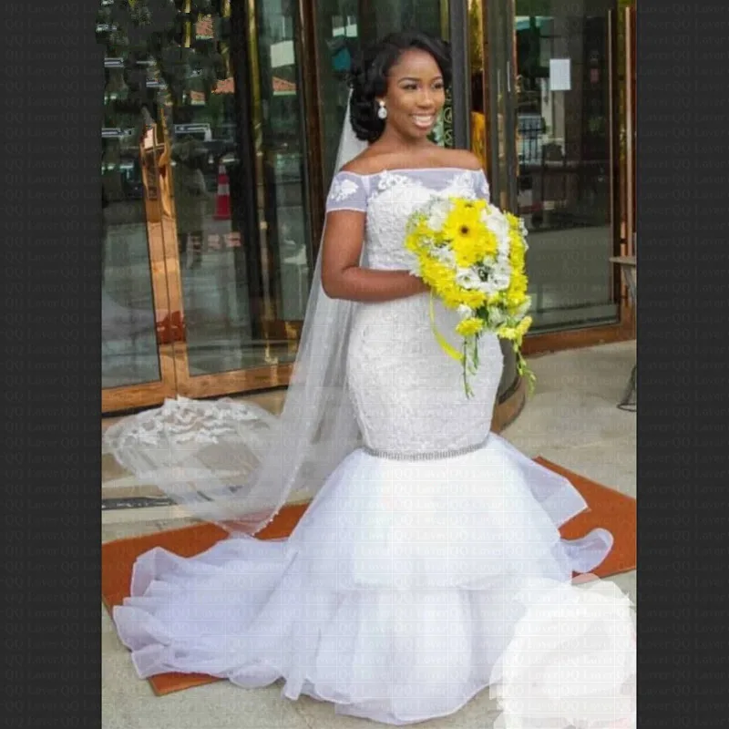 

New Off Shoulder African Mermaid Wedding Dress 2019 Amazing Ruffles Bridal Gowns