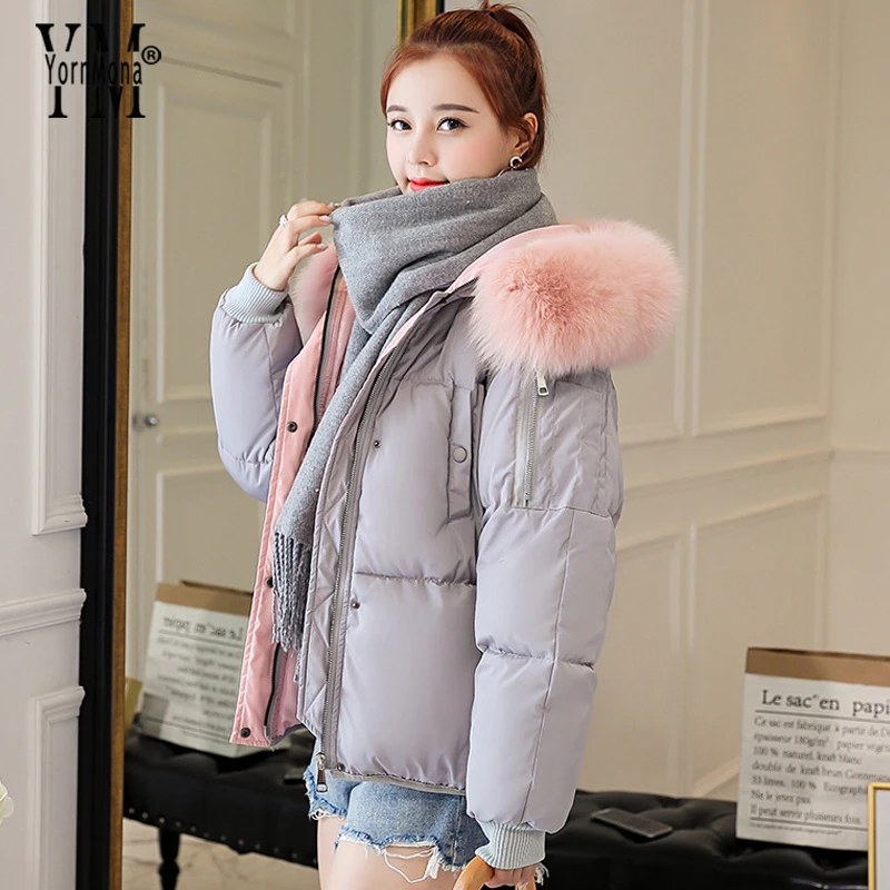 YornMona Brand Winter Jacket Women New 2019 Letters Coat Artificial Fur Collar Hooded Parka Female Thick Cotton Padded Jackets | Женская