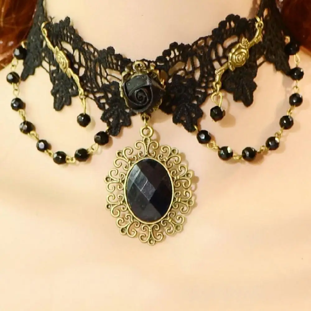 

Vintage Gothic Jewelry Flower Black Lace Necklaces For Women Wedding Party Victorian Lace Tassel False Collar Choker Necklace
