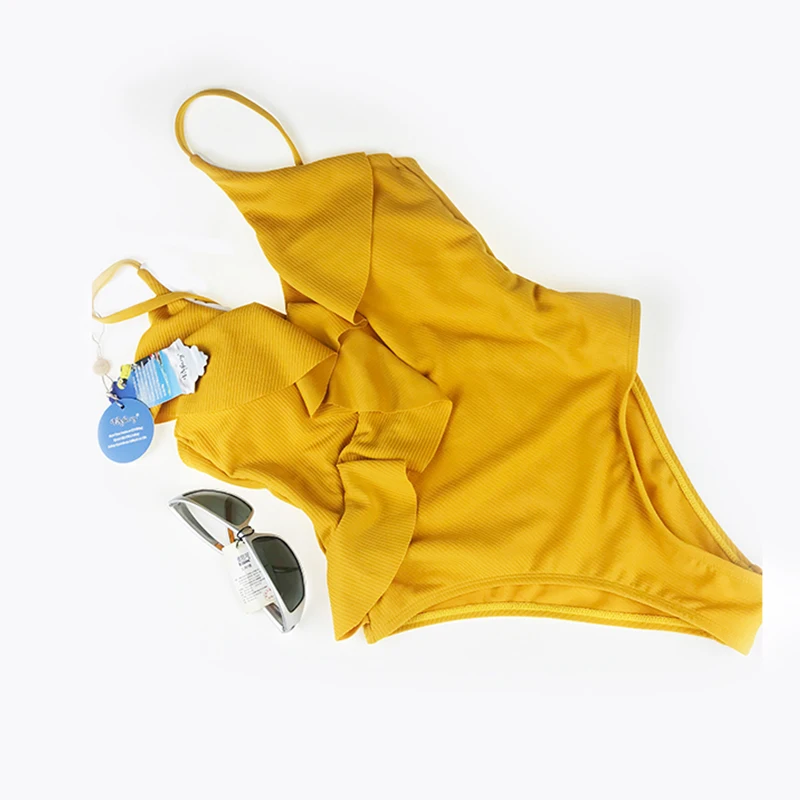 

Befusy Happy Ending Yellow Solid One-Piece Swimsuit Falbala V Neck Ruffle Sexy Bikini Ladies Beach Bathing Suit Swimwear