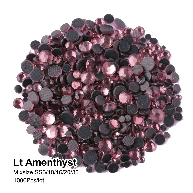 Lt amethyst Горячая Распродажа, разноцветные блестящие стразы с горячей фиксацией, SS6-SS30, стеклянные стразы с плоским основанием, 1000 шт., украшение для одежды, сделай сам - Цвет: Lt amethyst