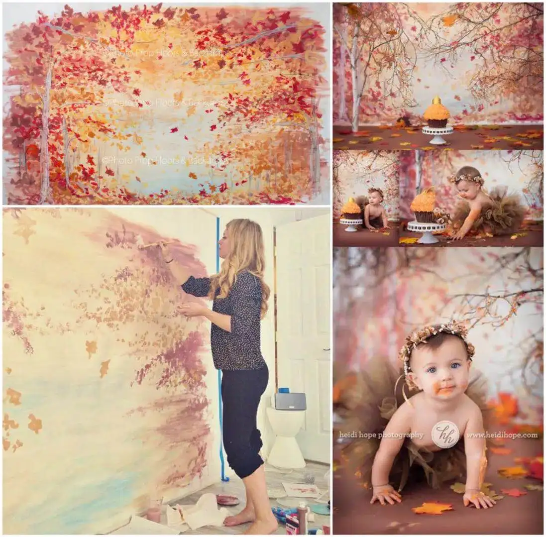 Baby Shower Осенняя желтая куртка леса деревьев листья живописные задние фоны с Фоны Индивидуальные Зеленые фотографические фоны для фотостудии