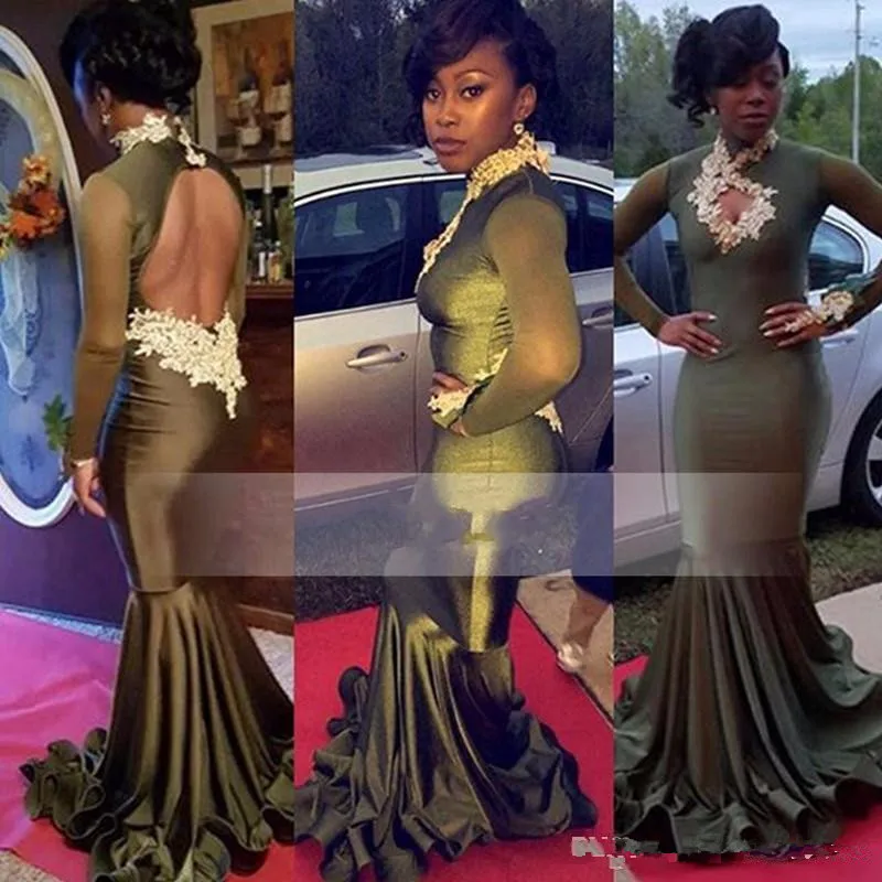 Элегантный Высокая Шея С Длинным Рукавом Оливковое Пром Платья 2017 Аппликации