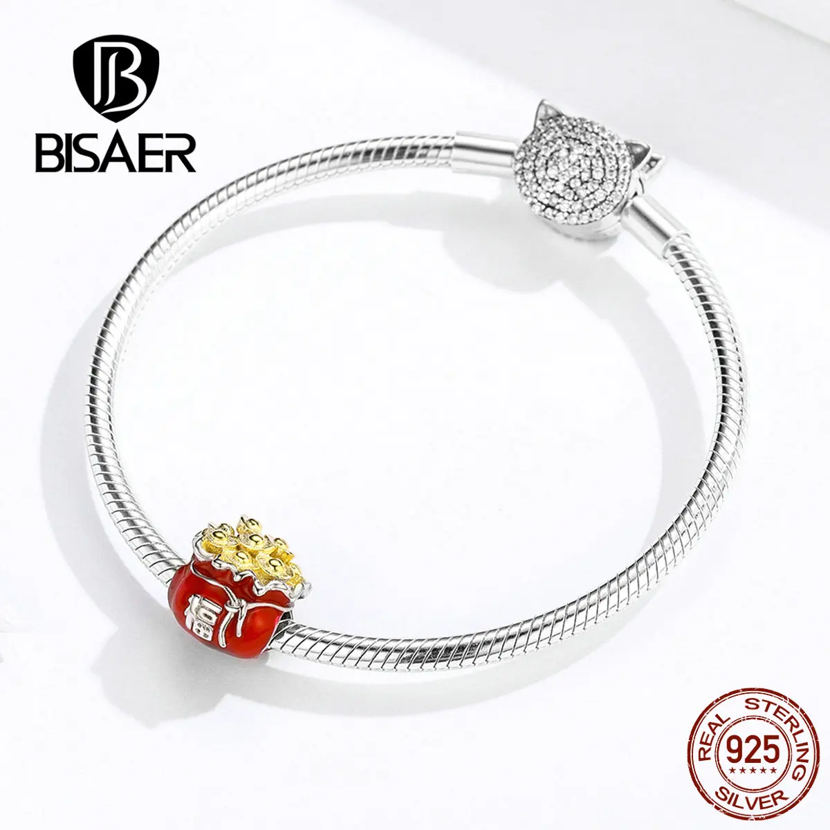 BISAER Горячая 925 пробы Серебряный счастливый мешок бусины Красная эмаль счастливый мешок талисманы fit Шарм браслеты серебро 925 ювелирные изделия EFC100
