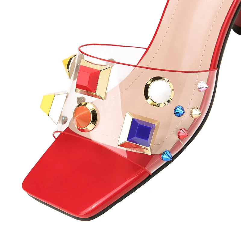 Женские шлепанцы на высоком каблуке 6 см с кристаллами заклепками модная