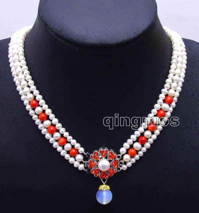 

6-7mm White Round Natural FW pearl and red coral 3 strands 18-19" necklace & Opal prndant-nec6080 wholesale/retail Free shipping