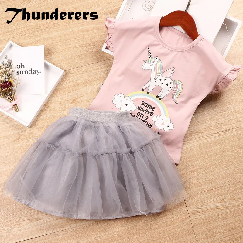 

Thunderers Summer Children's Clothing Set For Girl Cartoon Shirt With Breathable Skirt Magical Unicorn Toddler Baby Clothes