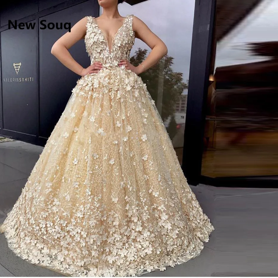 Champagne Tulle 3D Applique Lace Prom Dresses Illusion V-neck Floor Length Evening Dress Vestido De Gala