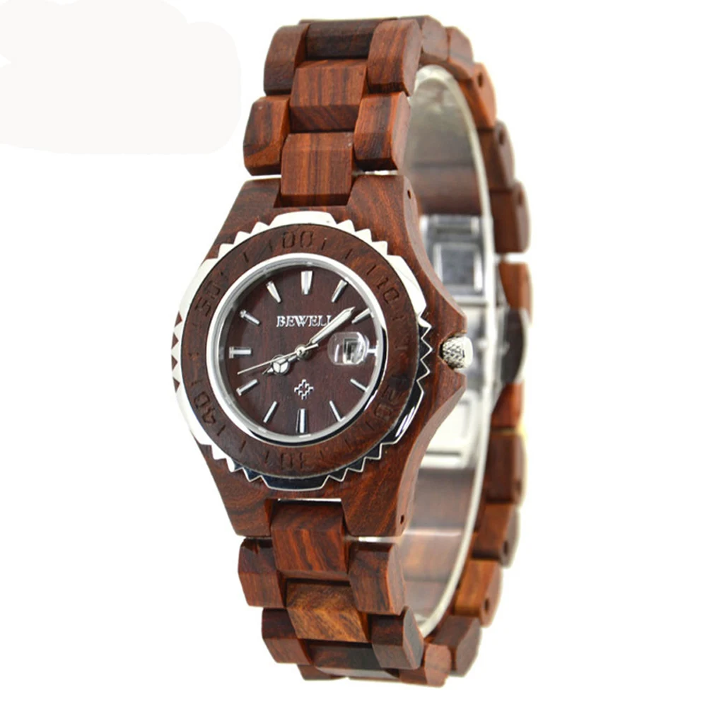BEWELL дамы кварцевые деревянные часы из нержавеющей стали обратно водостойкий