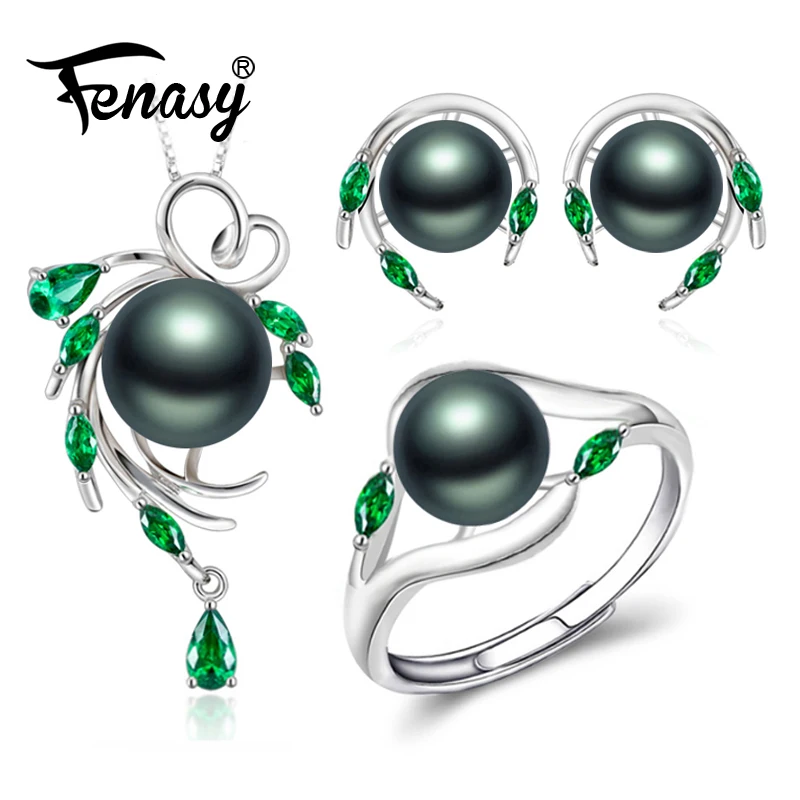 Женский комплект украшений FENASY набор из колье и сережек с изумрудом большим