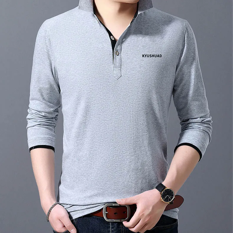 Gray Mwxsd brand Casual mens long sleeve cotton polo men Autumn soft solid poloshirt men high quality polos tee camisa masculina polo - Color: Gray