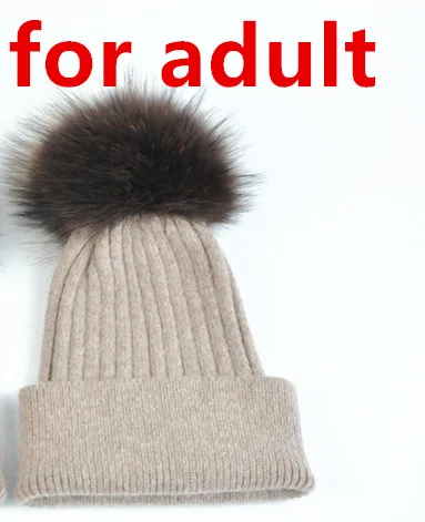 Brown for adult Шапка с помпоном из натурального меха для мамы, зимние шапки для детей, женские теплые шапки для мальчиков и девочек, милая вязаная шапка в полоску, костюм для родителей, зимняя шапка - Цвет: Brown for adult