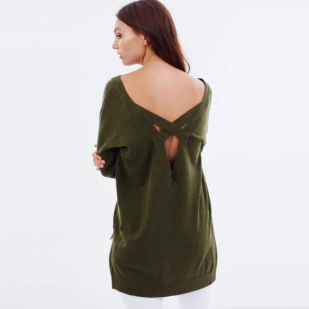 HDY Haoduoyi Solid Green V neck Sweater Women Loose Long Sleeve Pull 2020 Fashion Back Cross Soft Pullovers Sweaters Jumper | Женская