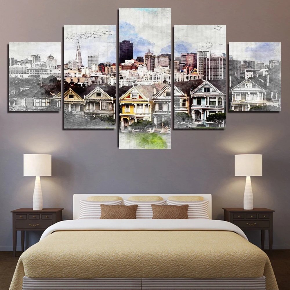 

5 Panel Large HD Printed Painting City Town Canvas Print Art Home Decor Wall Art Picture for Living Room