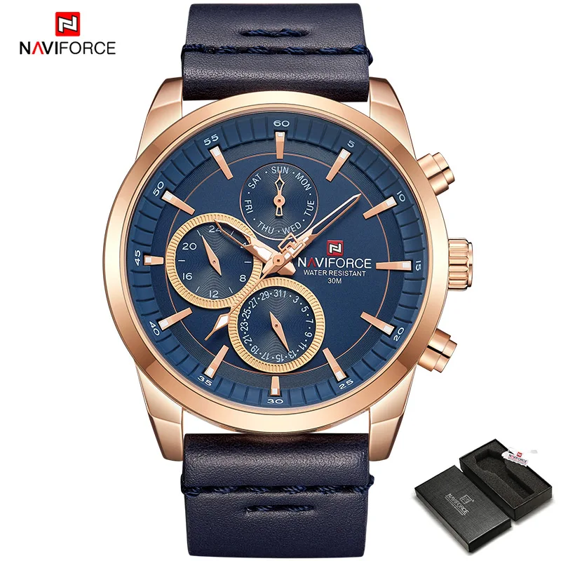 RoseGoldBlue-Box Мужские часы NAVIFORCE Модные Аналоговые кварцевые наручные часы с кожаным ремешком водонепроницаемые спортивные мужские часы Relogio Masculino - Цвет: RoseGoldBlue-Box