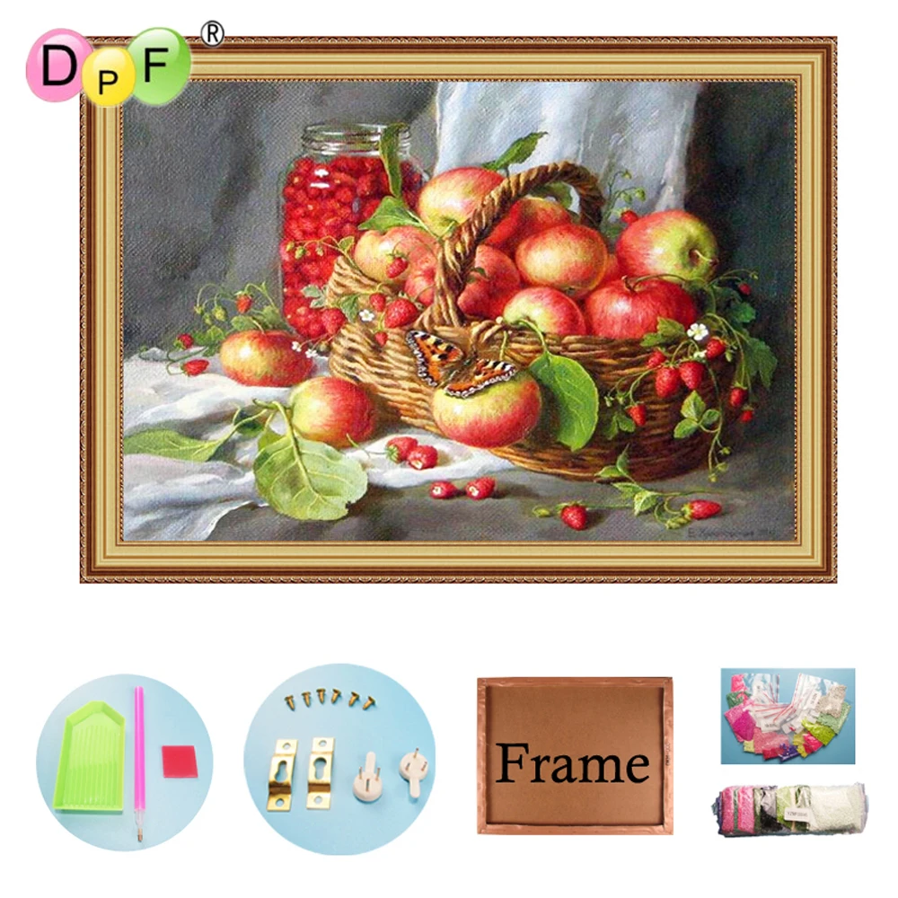 

DPF diamond embroidery Basket with apple with frame diamond painting cross stitch home decor full round diamond craft fruit kits
