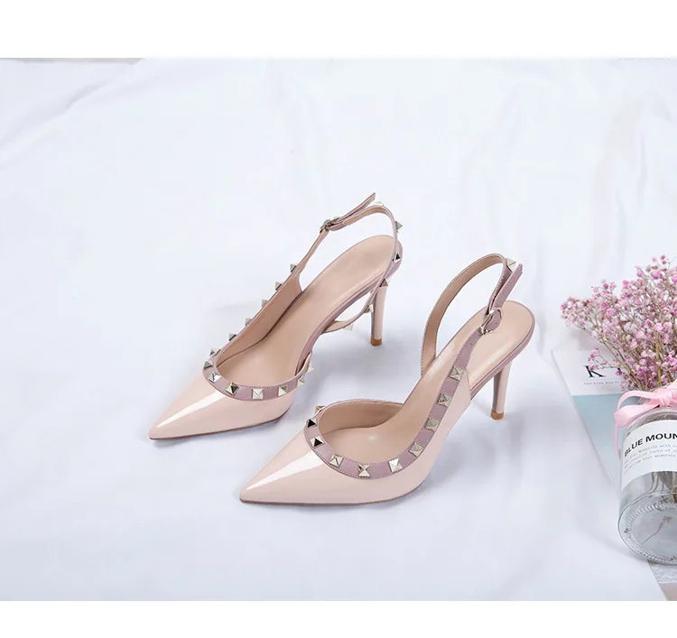 Hersevll Rivet High Heels Women's Sandals New Summer Large Size Thin Heel Sexy Top Single Shoe Pointed Toe Women's Sandals