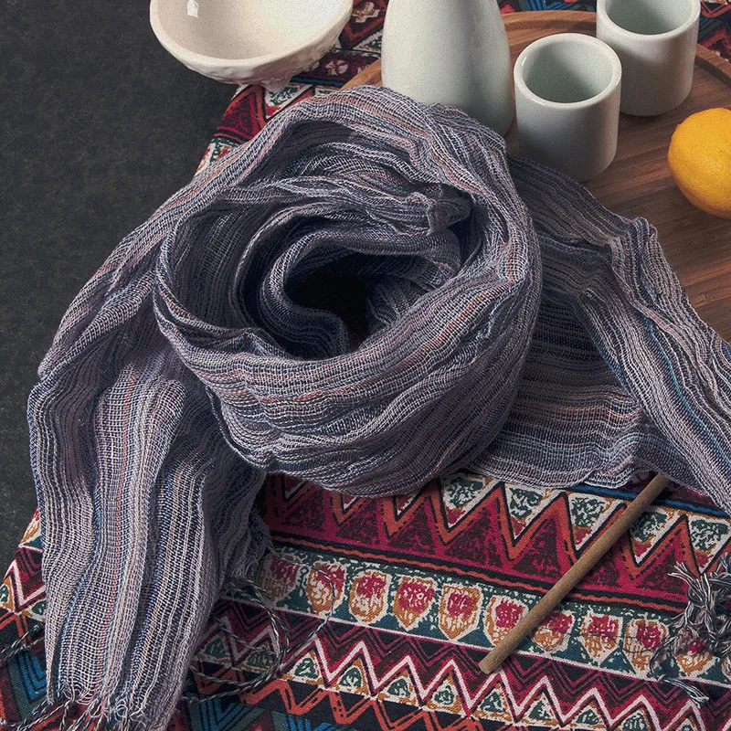 Шарф женский в полоску 100% см льняной модный удобный с кисточками для отдыха 5