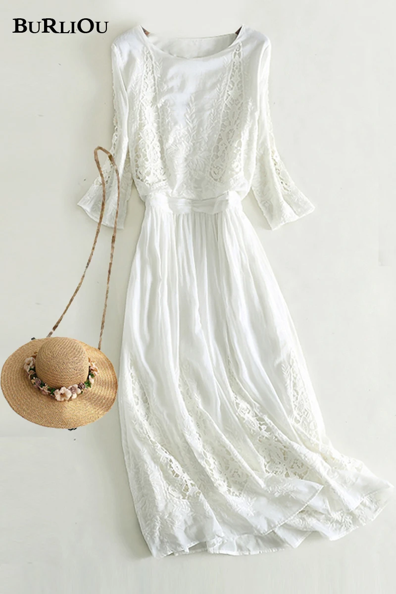 White Embroidered Silk Dress Slim Beach dress Super Fairy Holiday Woman Summer | Женская одежда