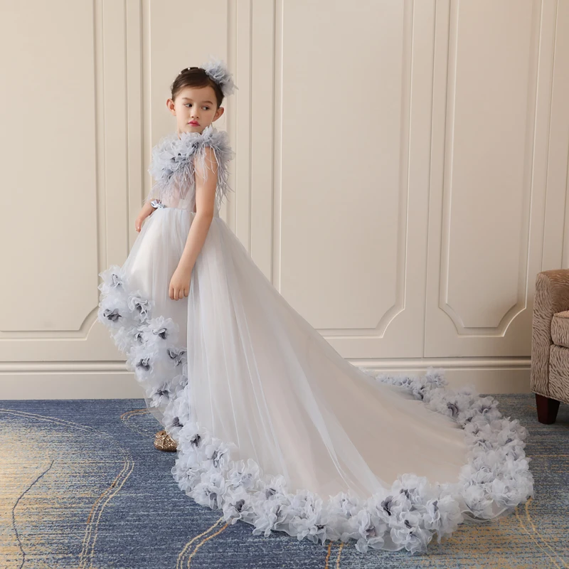 Royal Princess Dress Appliques Ball Gown Wedding Party Kids Pageant Dresses Luxury Girls Holy Communion Long Trailing D162 | Детская
