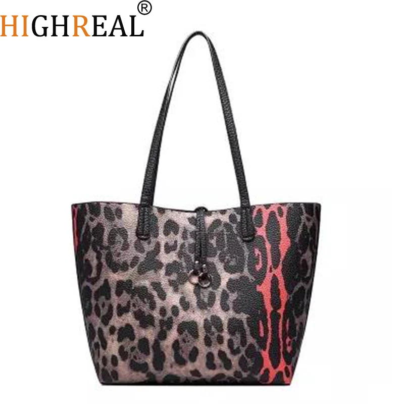 

HIGHREAL Fashion Leopard Print Women's Handbag Large Capacity Shopping Bag Female PU Leather Totes Composite Bag 2 Sets
