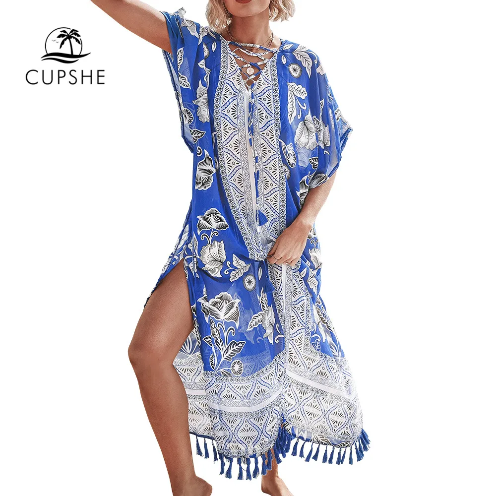 CUPSHE/синее и белое бикини с цветочным принтом закрывающее сексуальное длинное