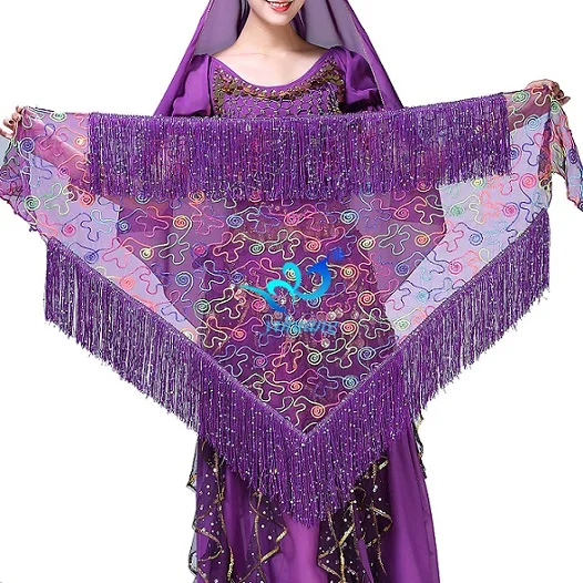 Purple Костюм для танца живота, женский шарф для танца живота, пояс для выступлений, шаль, сетка с блестками и накидка с бахромой, юбка, треугольная юбка - Цвет: Purple